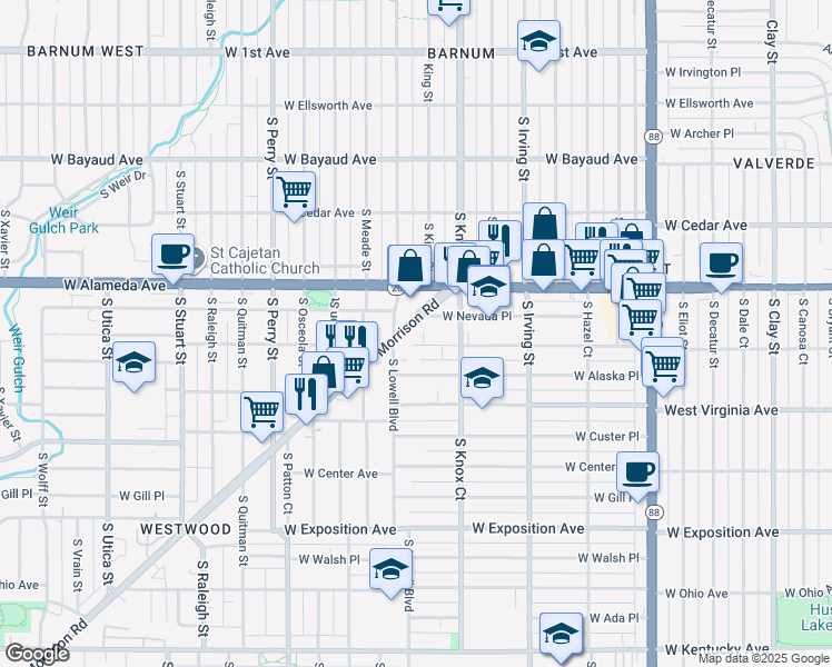 map of restaurants, bars, coffee shops, grocery stores, and more near 3570 Morrison Road in Denver