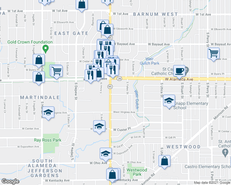 map of restaurants, bars, coffee shops, grocery stores, and more near 5140 W Dakota Ave in Denver