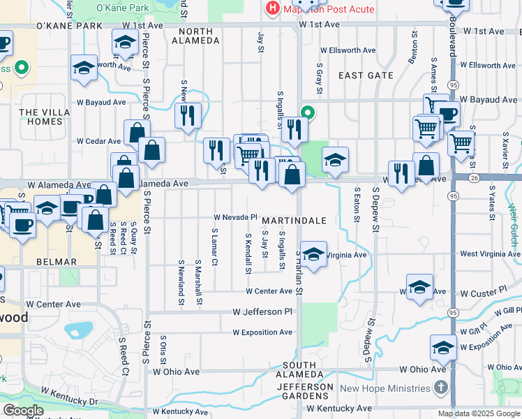 map of restaurants, bars, coffee shops, grocery stores, and more near 393 South Ingalls Street in Lakewood