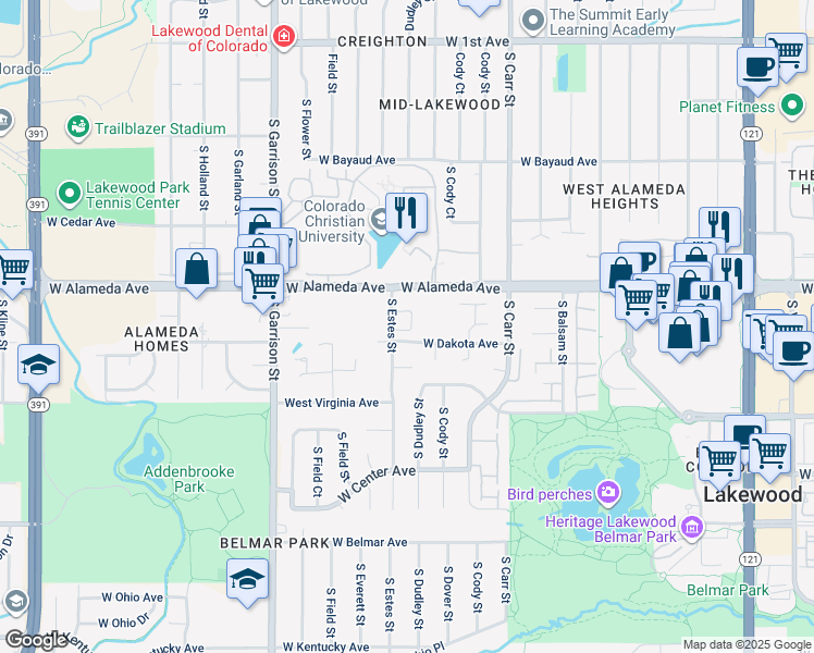 map of restaurants, bars, coffee shops, grocery stores, and more near 374 South Estes Street in Lakewood