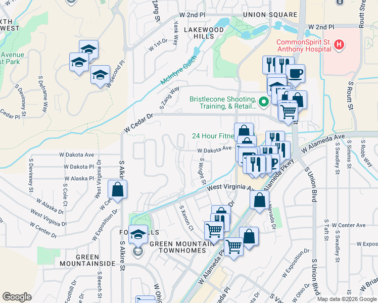 map of restaurants, bars, coffee shops, grocery stores, and more near 12588 West Dakota Avenue in Lakewood