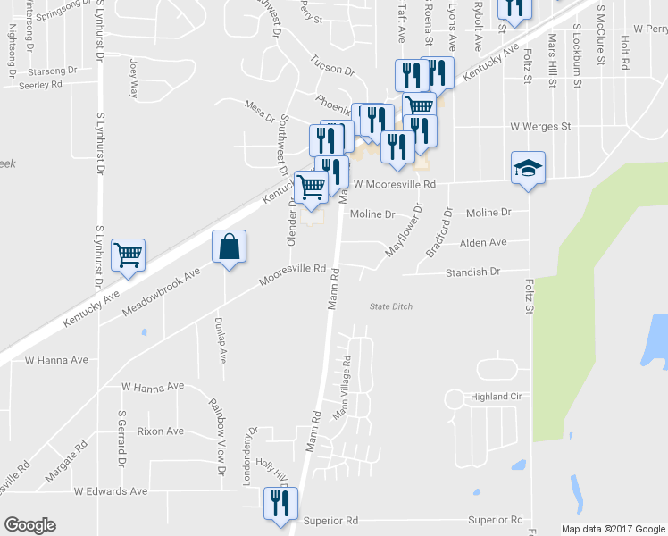 map of restaurants, bars, coffee shops, grocery stores, and more near 3015 W Mooresville Rd in Indianapolis