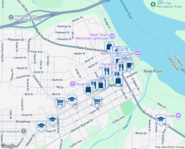 map of restaurants, bars, coffee shops, grocery stores, and more near 303 North 6th Street in Hannibal
