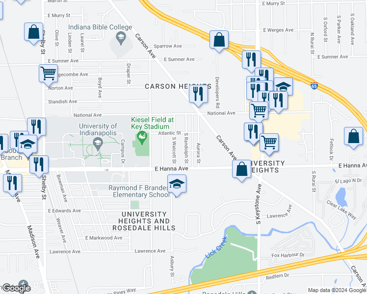 map of restaurants, bars, coffee shops, grocery stores, and more near 3894 South Randolph Street in Indianapolis