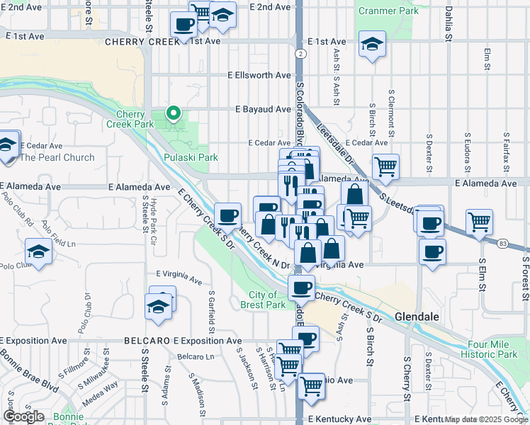 map of restaurants, bars, coffee shops, grocery stores, and more near 351 South Jackson Street in Denver