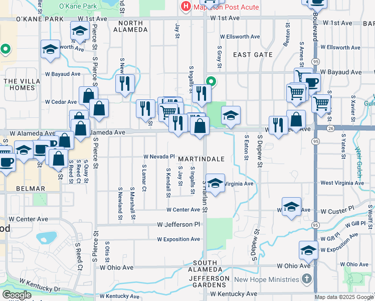 map of restaurants, bars, coffee shops, grocery stores, and more near 393 South Ingalls Street in Lakewood