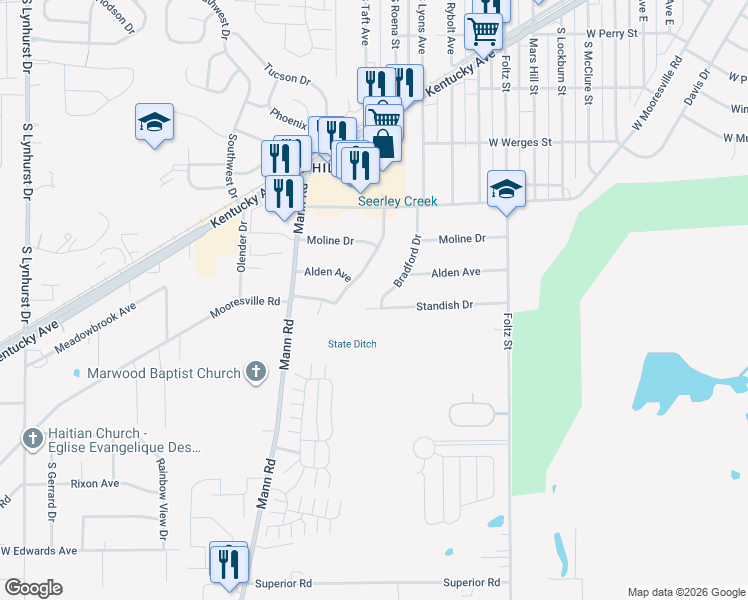 map of restaurants, bars, coffee shops, grocery stores, and more near 3560 Bradford Drive in Indianapolis