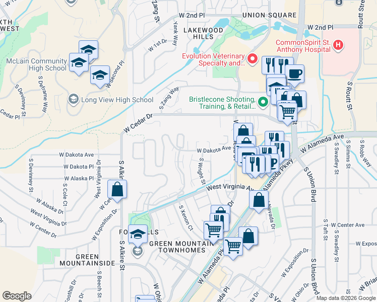 map of restaurants, bars, coffee shops, grocery stores, and more near 12588 West Dakota Avenue in Lakewood