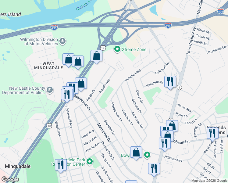 map of restaurants, bars, coffee shops, grocery stores, and more near 165 Bunche Boulevard in Wilmington