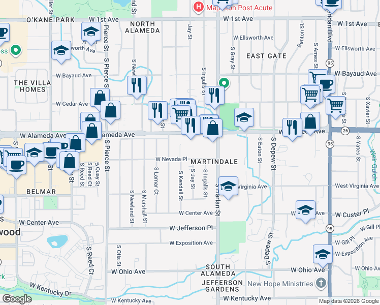 map of restaurants, bars, coffee shops, grocery stores, and more near 393 South Ingalls Street in Lakewood