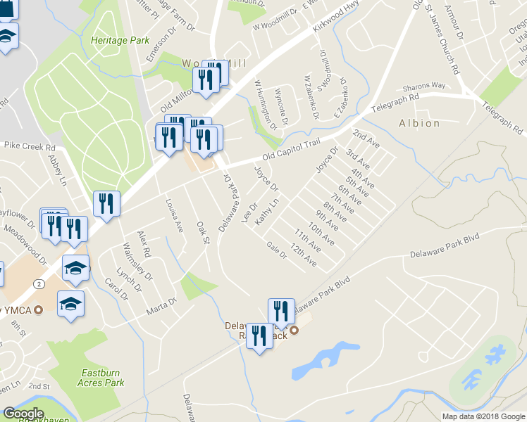 map of restaurants, bars, coffee shops, grocery stores, and more near 54 Kathy Lane in Wilmington