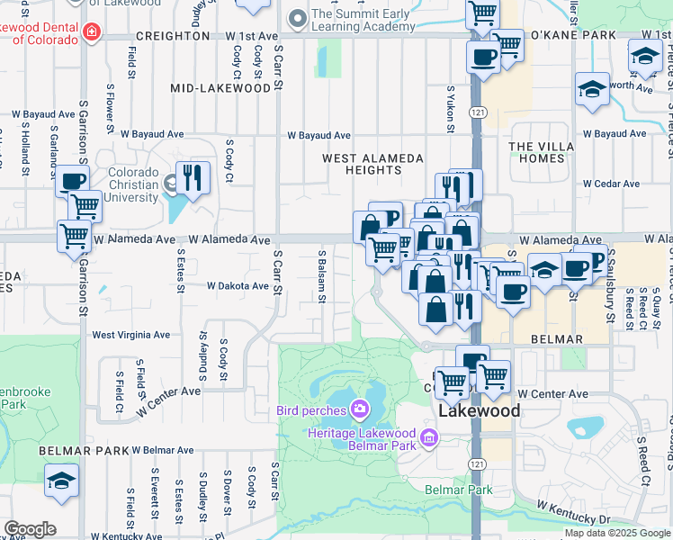 map of restaurants, bars, coffee shops, grocery stores, and more near 364 South Balsam Street in Lakewood