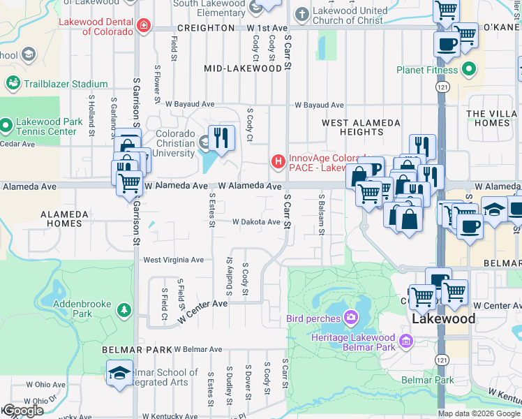 map of restaurants, bars, coffee shops, grocery stores, and more near 8555 West Dakota Avenue in Lakewood