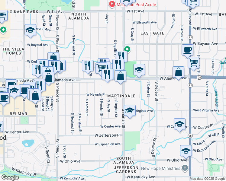 map of restaurants, bars, coffee shops, grocery stores, and more near 393 South Ingalls Street in Lakewood