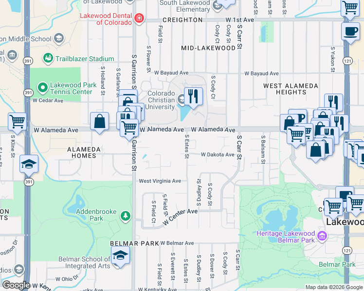 map of restaurants, bars, coffee shops, grocery stores, and more near 371 South Estes Street in Lakewood