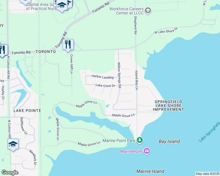map of restaurants, bars, coffee shops, grocery stores, and more near 6404 Raintree Place in Springfield
