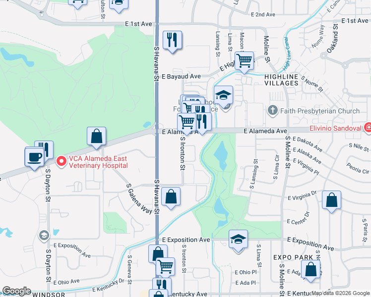 map of restaurants, bars, coffee shops, grocery stores, and more near 384 South Ironton Street in Aurora
