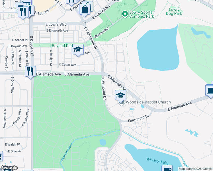 map of restaurants, bars, coffee shops, grocery stores, and more near 8225 Fairmount Drive in Denver