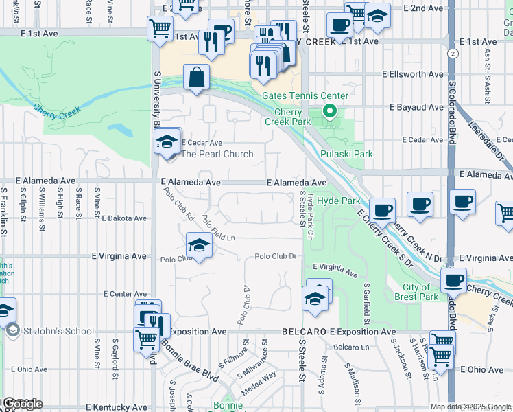 map of restaurants, bars, coffee shops, grocery stores, and more near 2552 East Alameda Avenue in Denver
