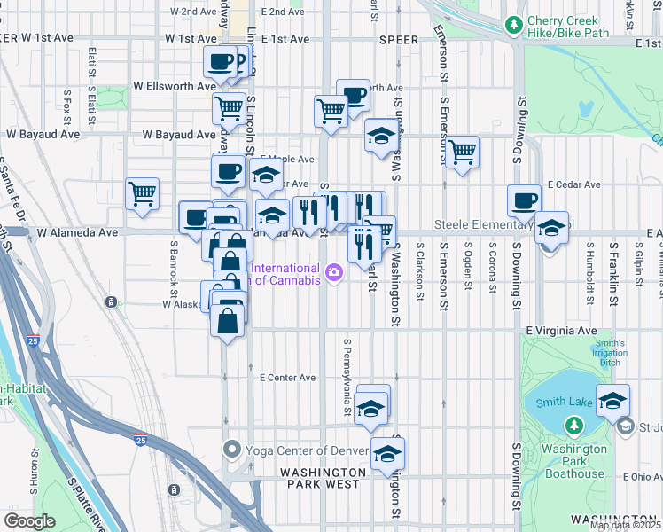 map of restaurants, bars, coffee shops, grocery stores, and more near 427 East Dakota Avenue in Denver