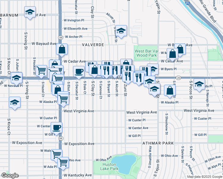 map of restaurants, bars, coffee shops, grocery stores, and more near 388 South Bryant Street in Denver