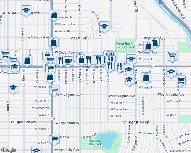 map of restaurants, bars, coffee shops, grocery stores, and more near 388 South Bryant Street in Denver