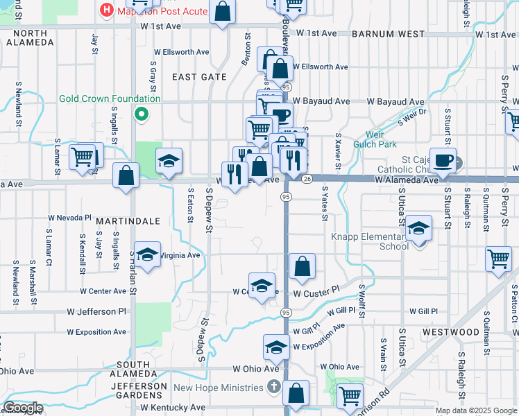 map of restaurants, bars, coffee shops, grocery stores, and more near 440 South Depew Street in Denver