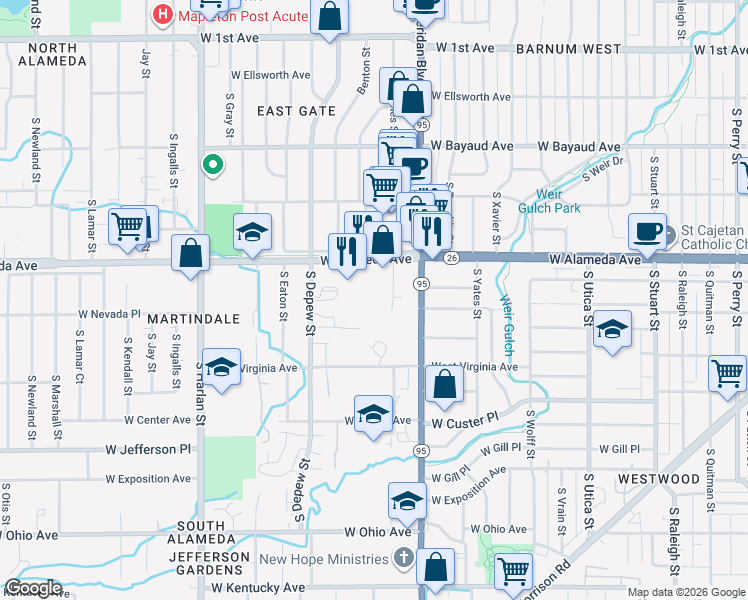 map of restaurants, bars, coffee shops, grocery stores, and more near 440 South Depew Street in Denver