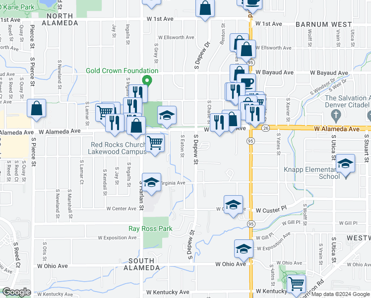 map of restaurants, bars, coffee shops, grocery stores, and more near 385 South Depew Street in Denver