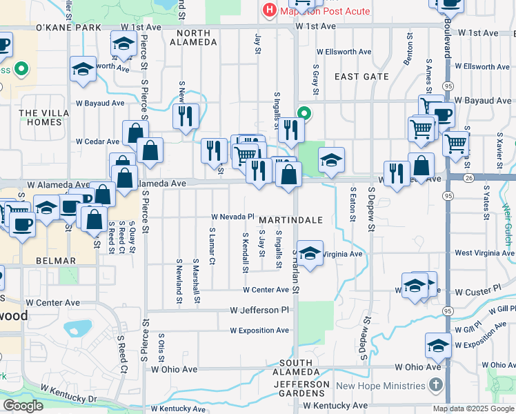 map of restaurants, bars, coffee shops, grocery stores, and more near 393 South Ingalls Street in Lakewood