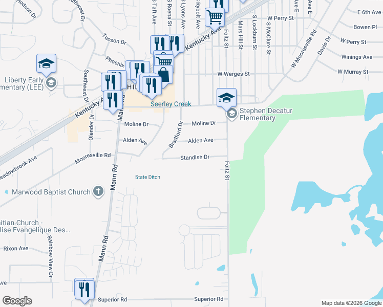 map of restaurants, bars, coffee shops, grocery stores, and more near 4041 Standish Drive in Indianapolis