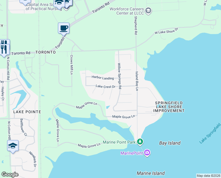 map of restaurants, bars, coffee shops, grocery stores, and more near 6404 Raintree Place in Springfield