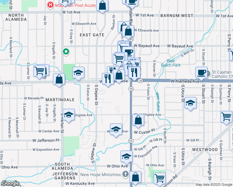 map of restaurants, bars, coffee shops, grocery stores, and more near 440 South Depew Street in Denver