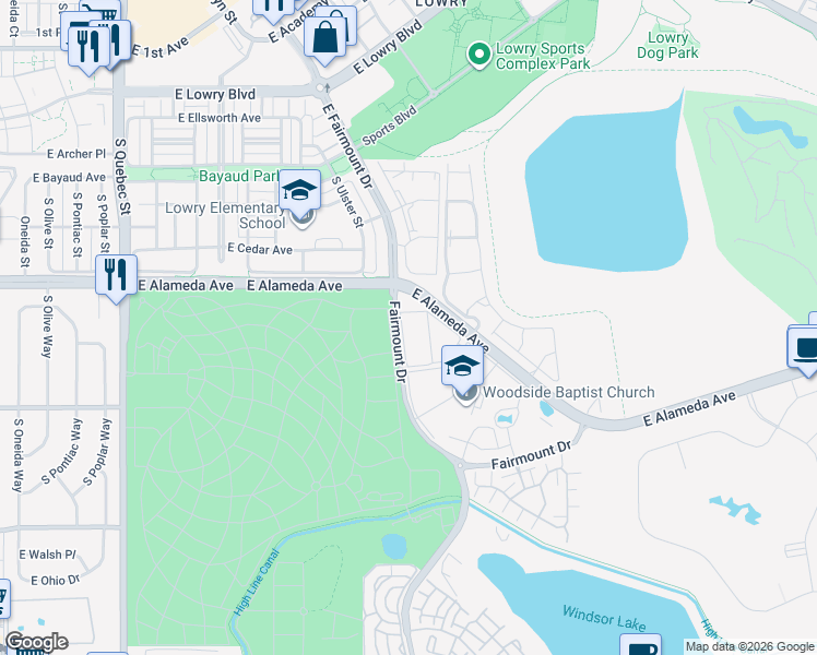 map of restaurants, bars, coffee shops, grocery stores, and more near 8225 Fairmount Drive in Denver