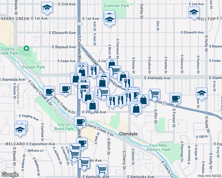 map of restaurants, bars, coffee shops, grocery stores, and more near 4444 Leetsdale Drive in Glendale