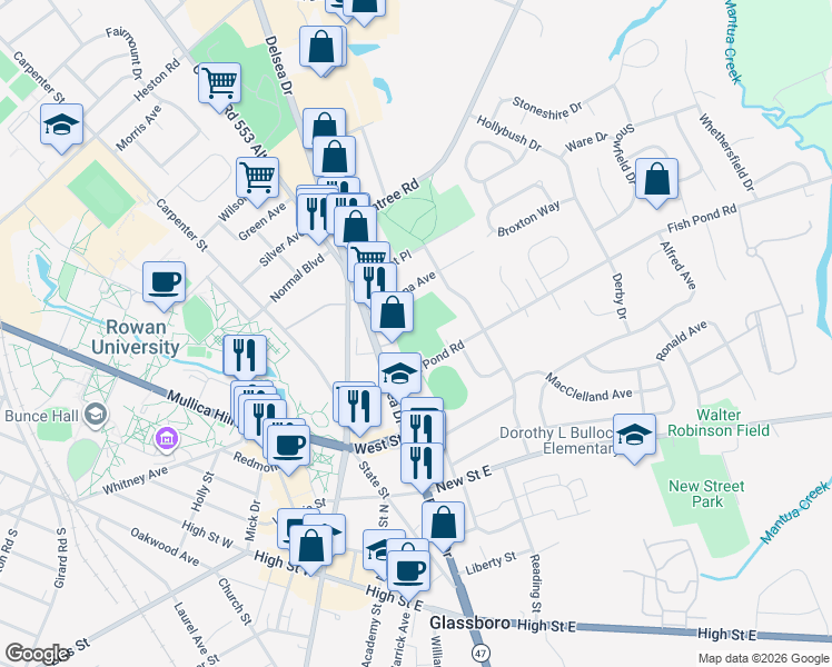 map of restaurants, bars, coffee shops, grocery stores, and more near 575 Fish Pond Road in Glassboro