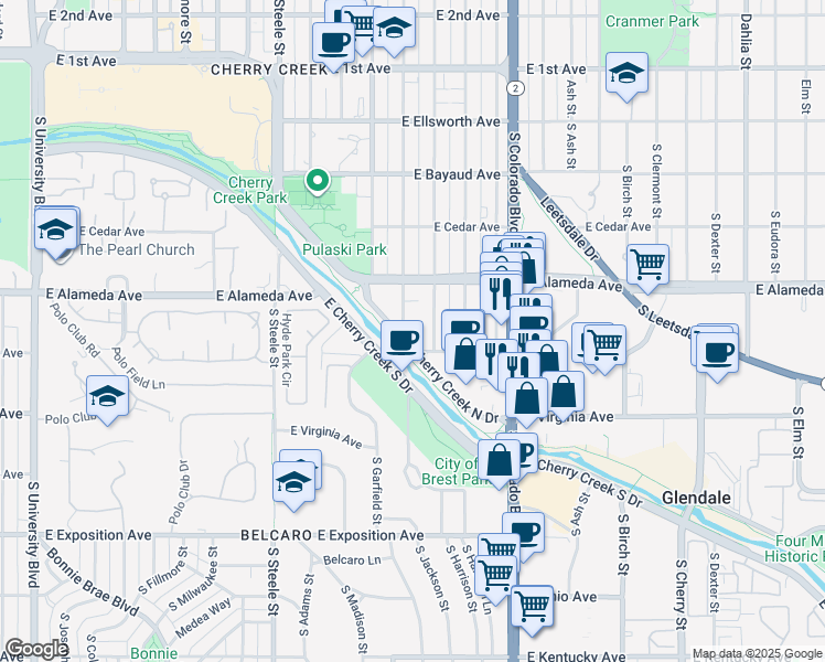 map of restaurants, bars, coffee shops, grocery stores, and more near 360 South Monroe Street in Denver