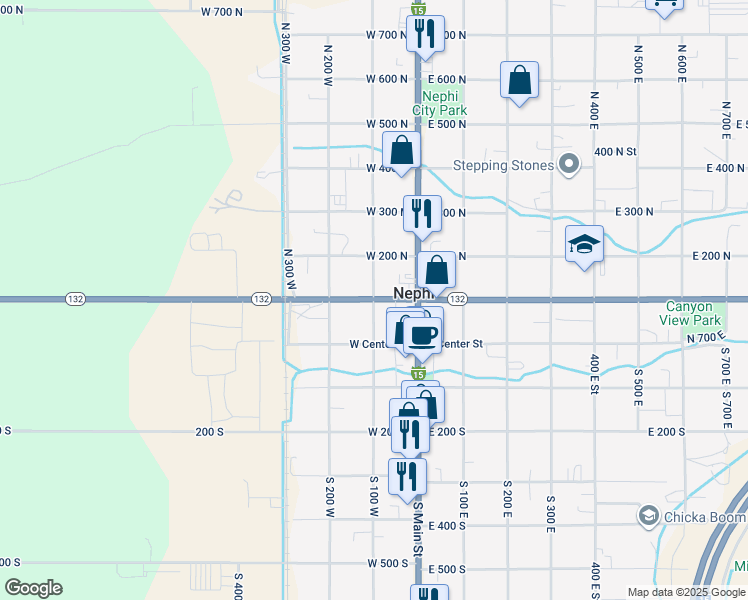 map of restaurants, bars, coffee shops, grocery stores, and more near Utah 132 in Nephi