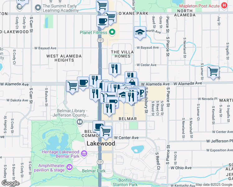 map of restaurants, bars, coffee shops, grocery stores, and more near 7350 West Alameda Avenue in Lakewood