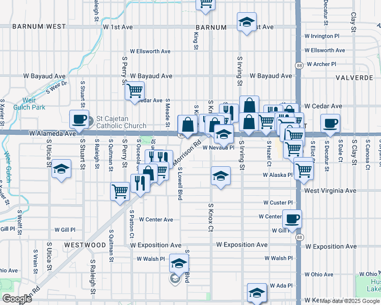map of restaurants, bars, coffee shops, grocery stores, and more near 3570 Morrison Road in Denver