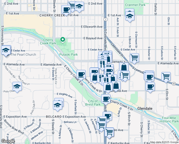 map of restaurants, bars, coffee shops, grocery stores, and more near 351 South Jackson Street in Denver