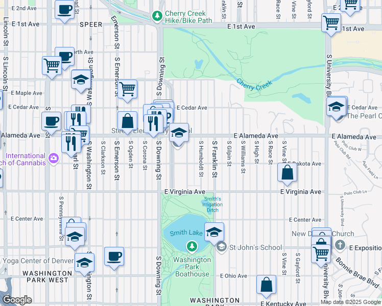 map of restaurants, bars, coffee shops, grocery stores, and more near in Denver
