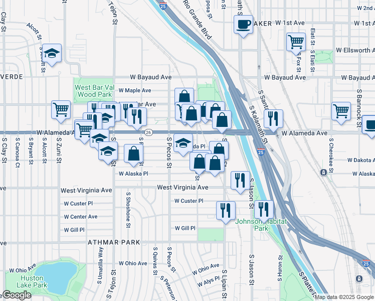 map of restaurants, bars, coffee shops, grocery stores, and more near 1321 West Dakota Avenue in Denver