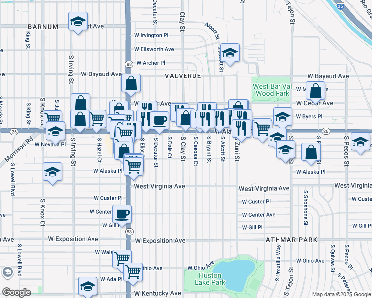 map of restaurants, bars, coffee shops, grocery stores, and more near 395 South Canosa Court in Denver