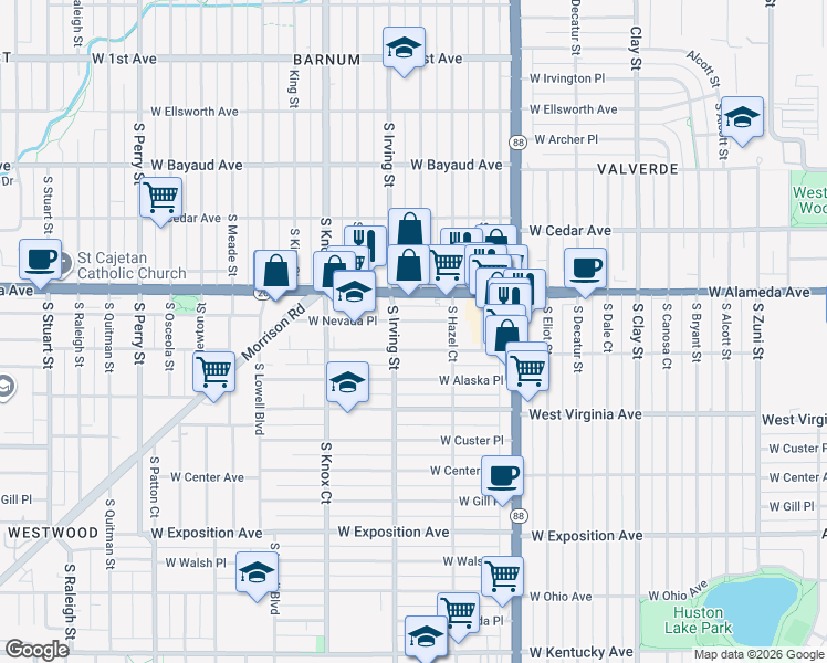 map of restaurants, bars, coffee shops, grocery stores, and more near 3195 West Dakota Avenue in Denver