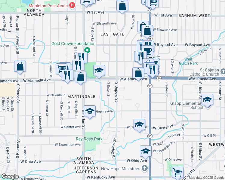 map of restaurants, bars, coffee shops, grocery stores, and more near 385 South Depew Street in Denver