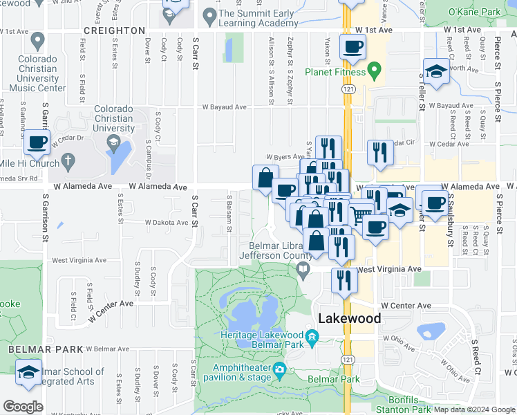 map of restaurants, bars, coffee shops, grocery stores, and more near 433 South Allison Parkway in Lakewood