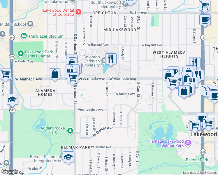 map of restaurants, bars, coffee shops, grocery stores, and more near 371 South Estes Street in Lakewood