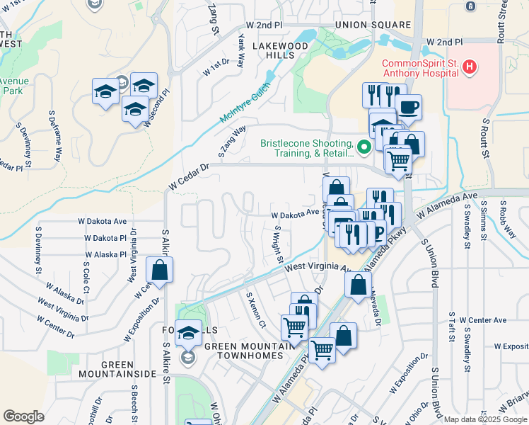 map of restaurants, bars, coffee shops, grocery stores, and more near 12588 West Dakota Avenue in Lakewood