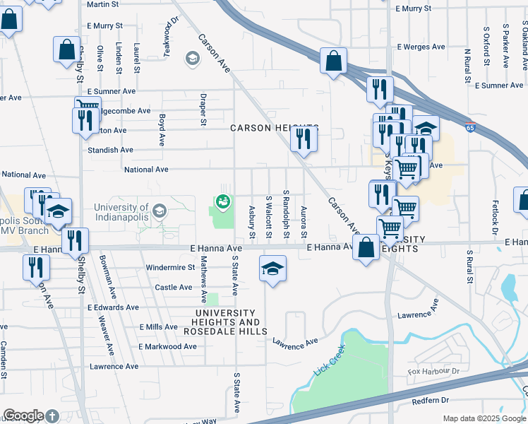 map of restaurants, bars, coffee shops, grocery stores, and more near 3906 South Walcott Street in Indianapolis